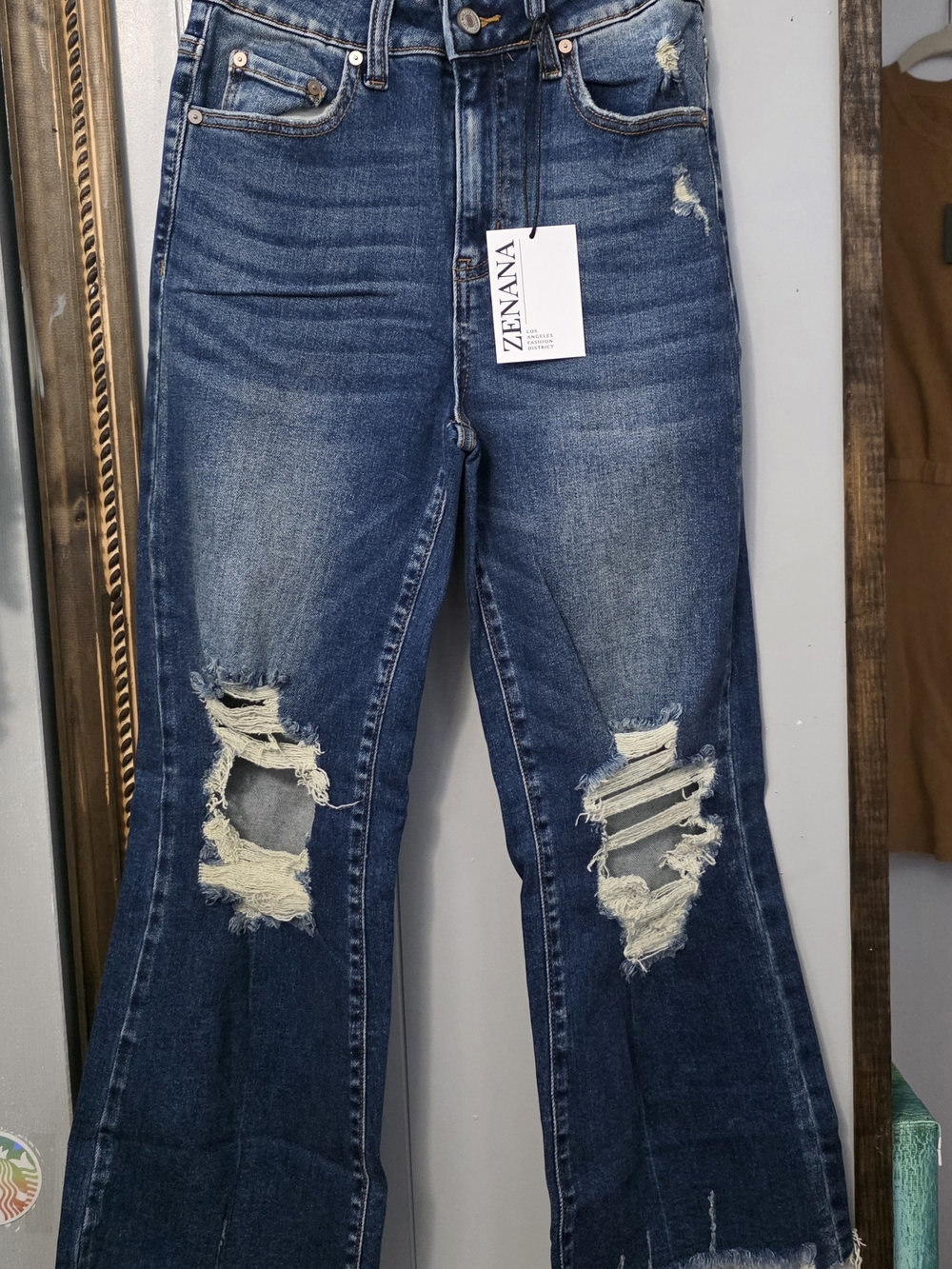 Zenana Outfitters Distressed Dark Blue Flare Crop Jeans
